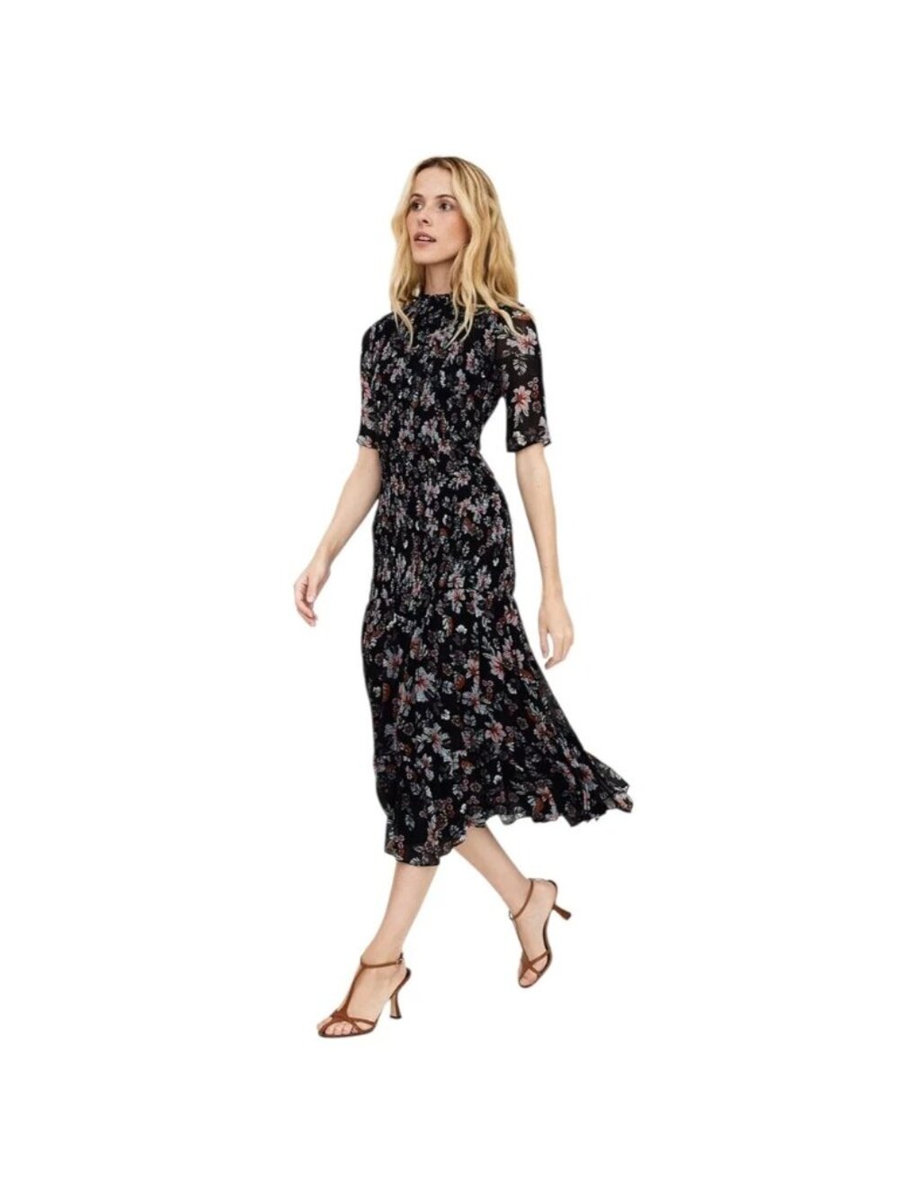 Veronica Beard Black Floral Midi Dress with Pink and Blue Accents